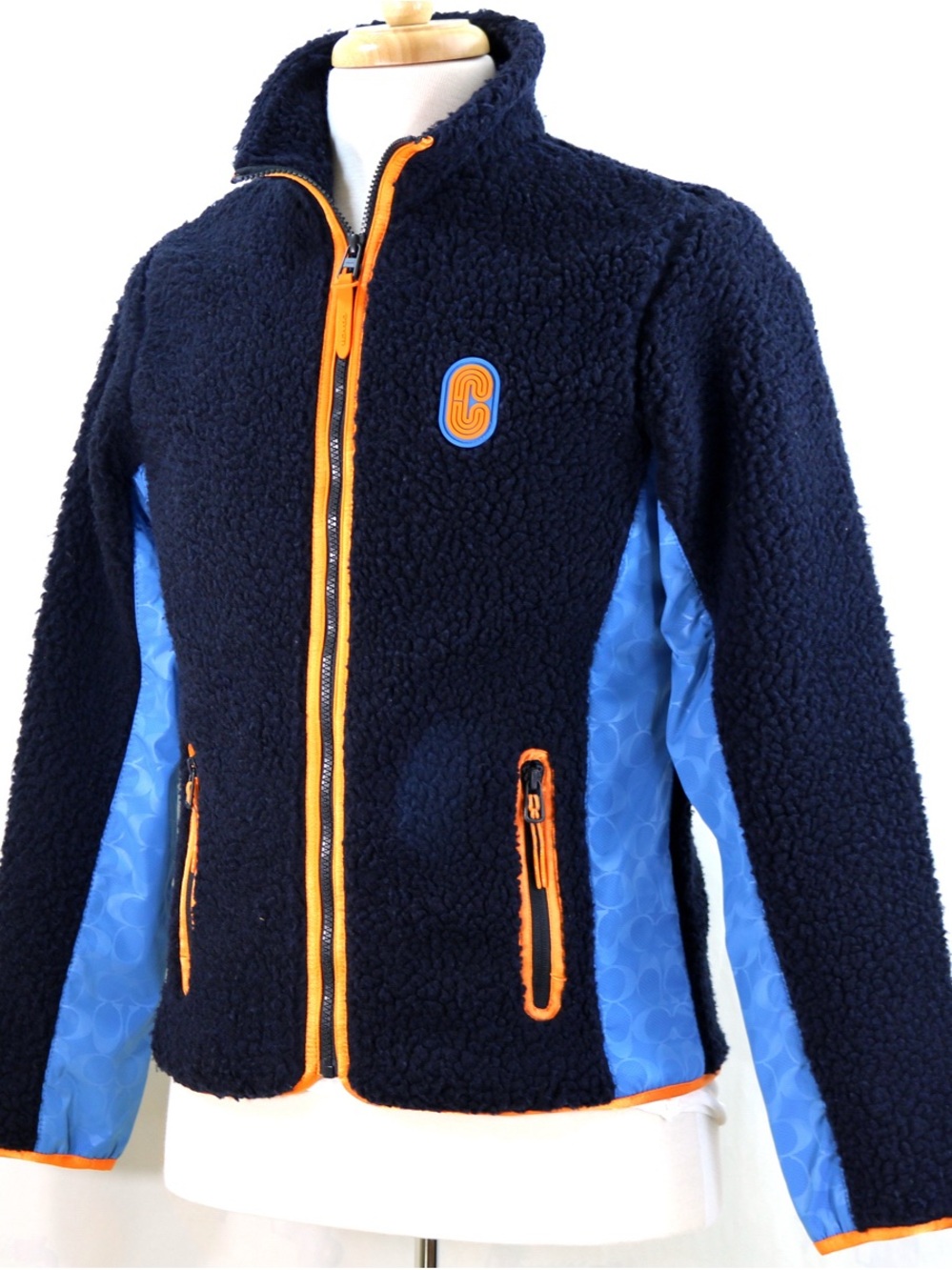 Coach Navy Fleece Jacket with Light Blue Panels and Orange Trim